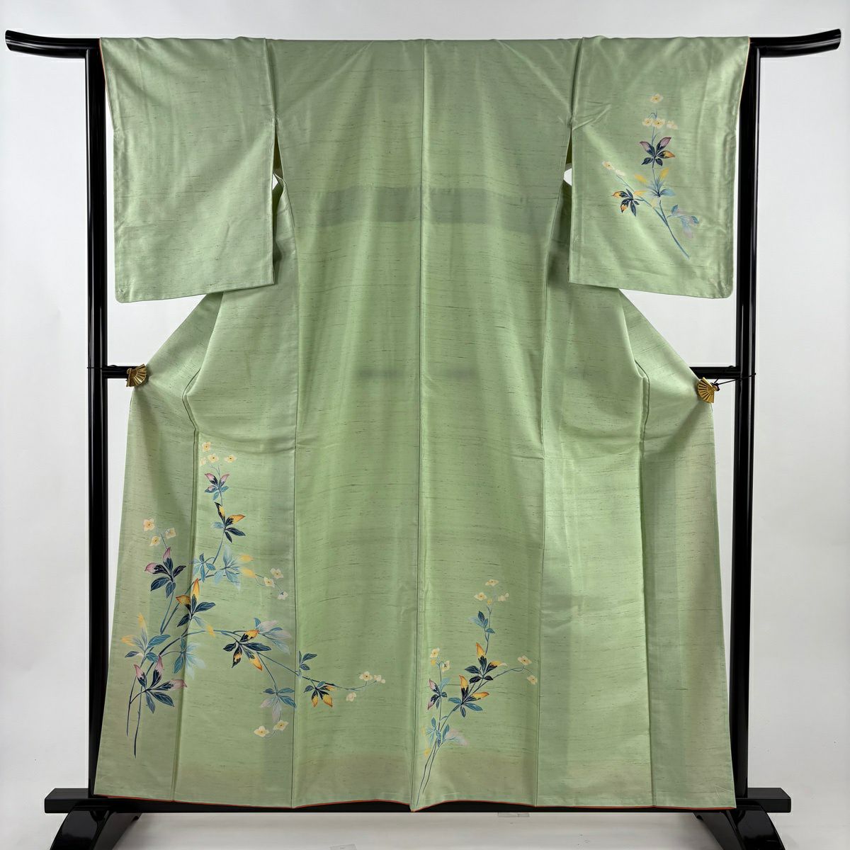 【美品】 付下 身長159cm 袖長65cm M 雙層 紬織織 草花紋紋 淺綠 純蠶絲 優品級