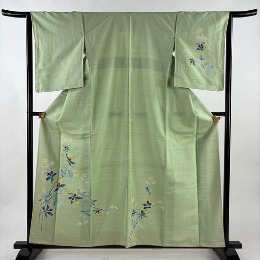 【美品】 付下 身長159cm 袖長65cm M 雙層 紬織織 草花紋紋 淺綠 純蠶絲 優品級
