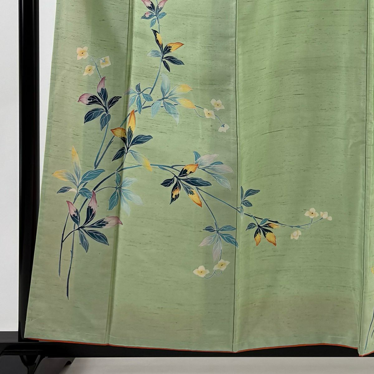 【美品】 付下 身長159cm 袖長65cm M 雙層 紬織織 草花紋紋 淺綠 純蠶絲 優品級