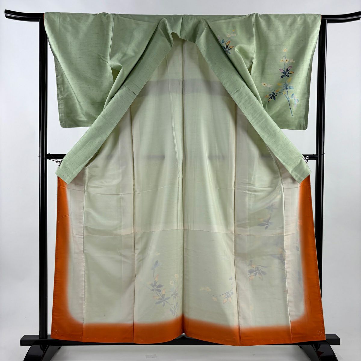 【美品】 付下 身長159cm 袖長65cm M 雙層 紬織織 草花紋紋 淺綠 純蠶絲 優品級