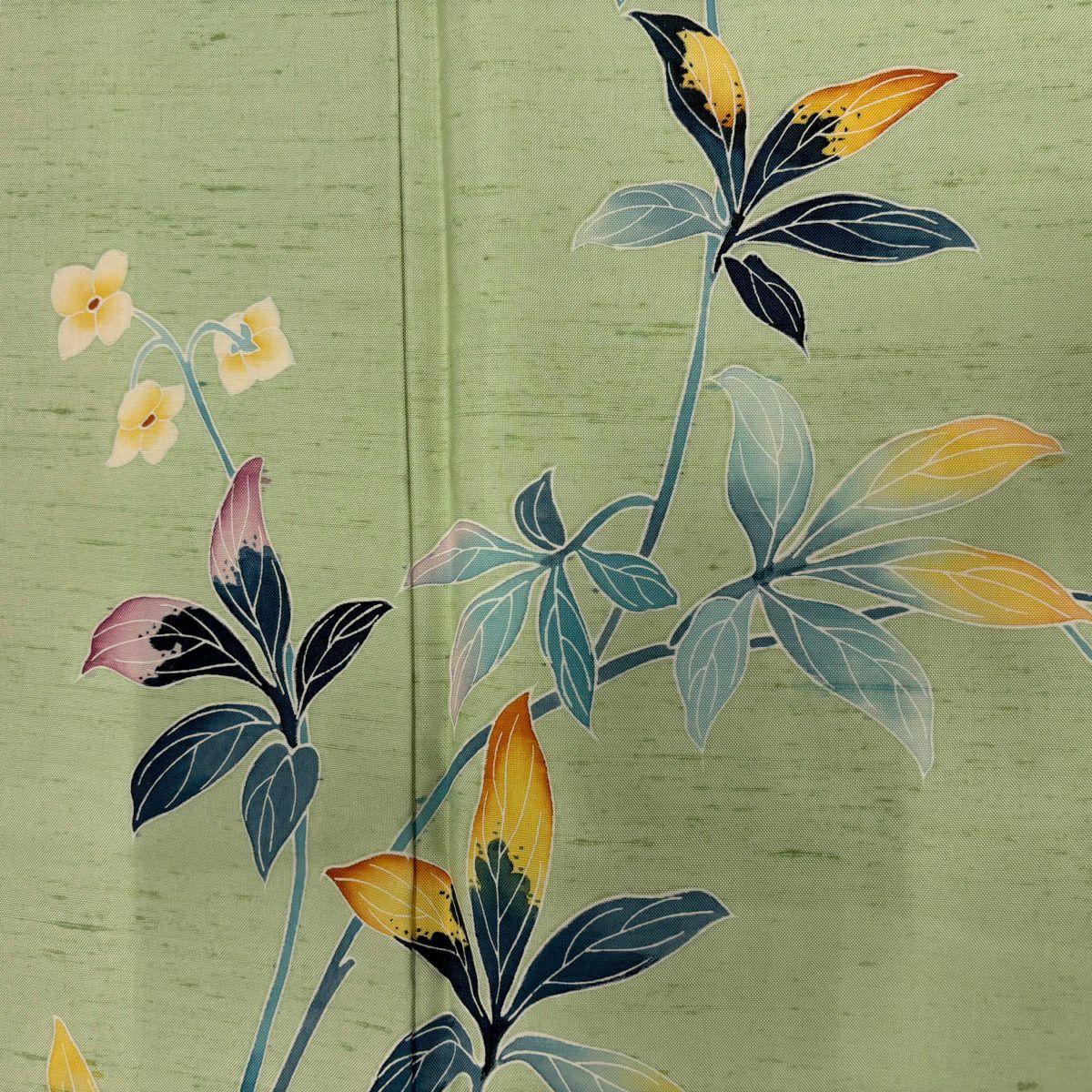 【美品】 付下 身長159cm 袖長65cm M 雙層 紬織織 草花紋紋 淺綠 純蠶絲 優品級