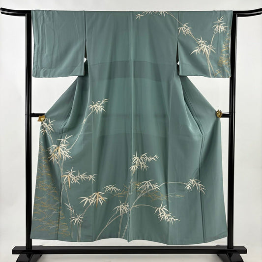 訪問服 身長152.5cm 袖長63.5cm S 雙層 竹子 松樹葉 金糸 金銀彩 薄綠 純蠶絲 秀品級