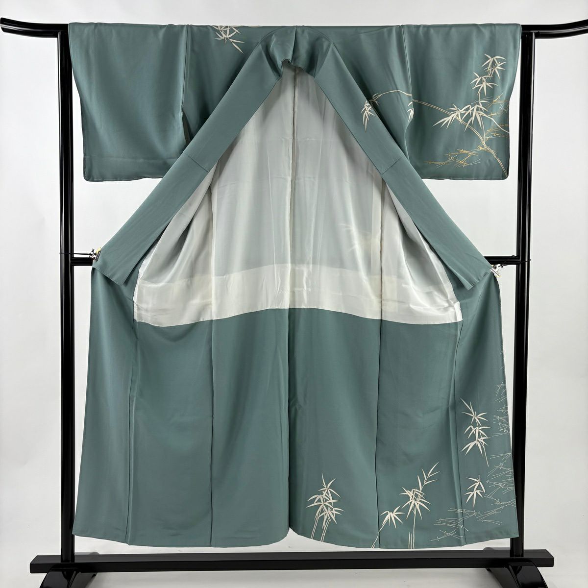 訪問服 身長152.5cm 袖長63.5cm S 雙層 竹子 松樹葉 金糸 金銀彩 薄綠 純蠶絲 秀品級