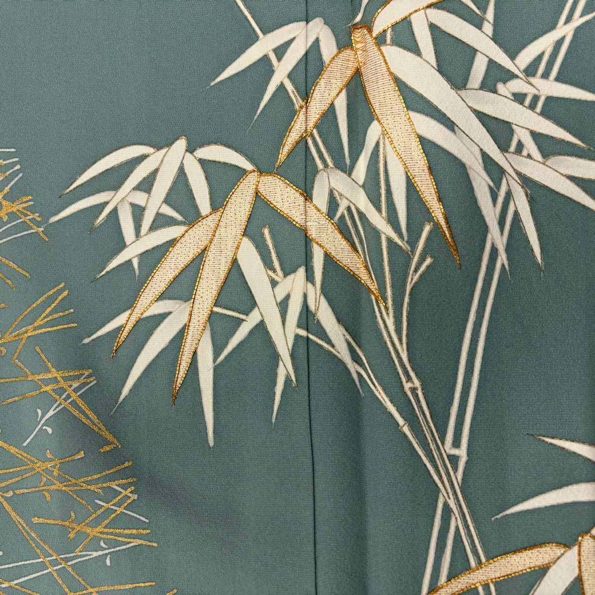 訪問服 身長152.5cm 袖長63.5cm S 雙層 竹子 松樹葉 金糸 金銀彩 薄綠 純蠶絲 秀品級