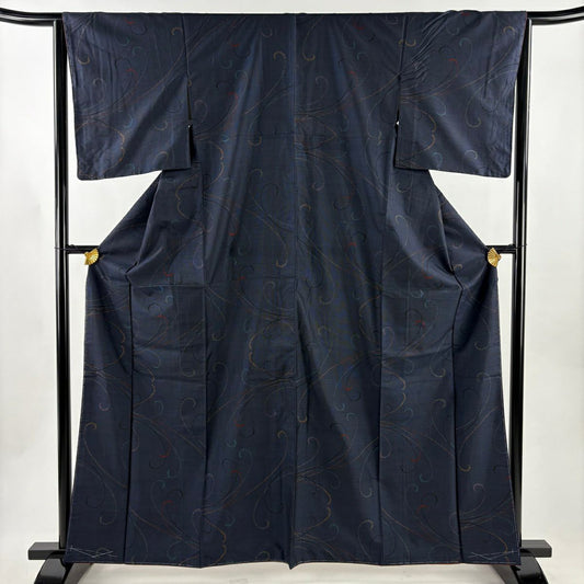【美品】 紬織 身長163.5cm 袖長64cm M 雙層 幾何學 深藍 純蠶絲 秀品級