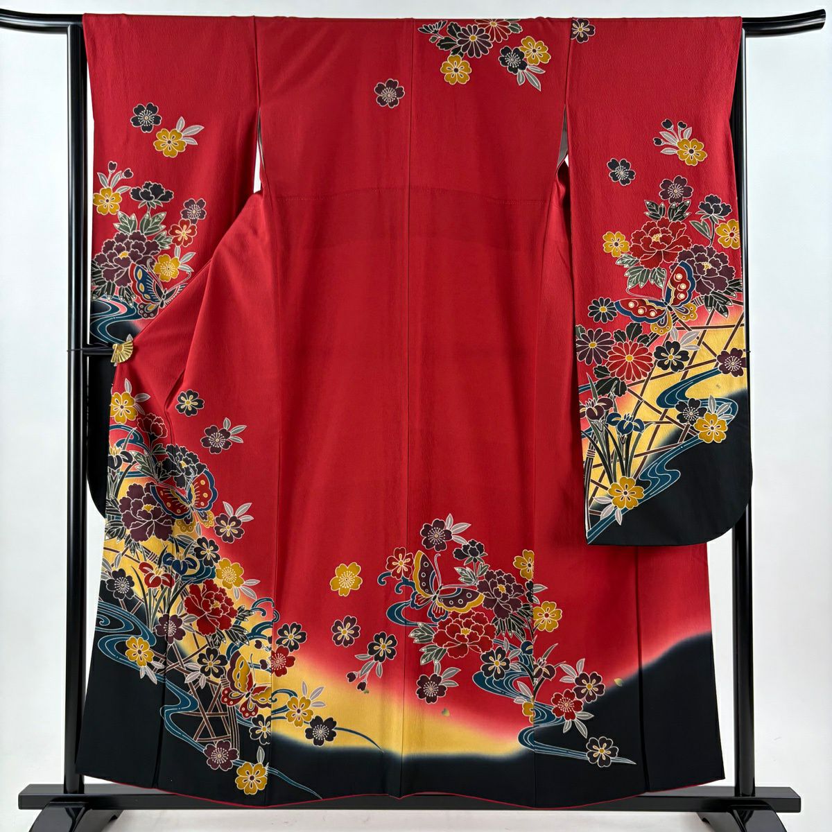 振袖禮服 身長156cm 袖長65.5cm M 雙層 草花紋紋 蝶圖案 漸層 紅 純蠶絲 優品級