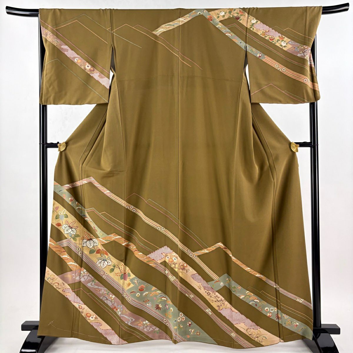 【美品】訪問服 身長164.5cm 袖長67.5cm L 雙層 桐 笠松樹 金銀彩 刺繡 鶯 純蠶絲 秀品級