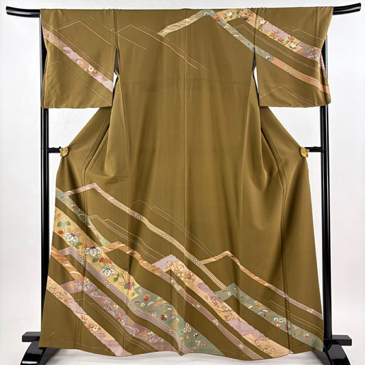 【美品】訪問服 身長164.5cm 袖長67.5cm L 雙層 桐 笠松樹 金銀彩 刺繡 鶯 純蠶絲 秀品級