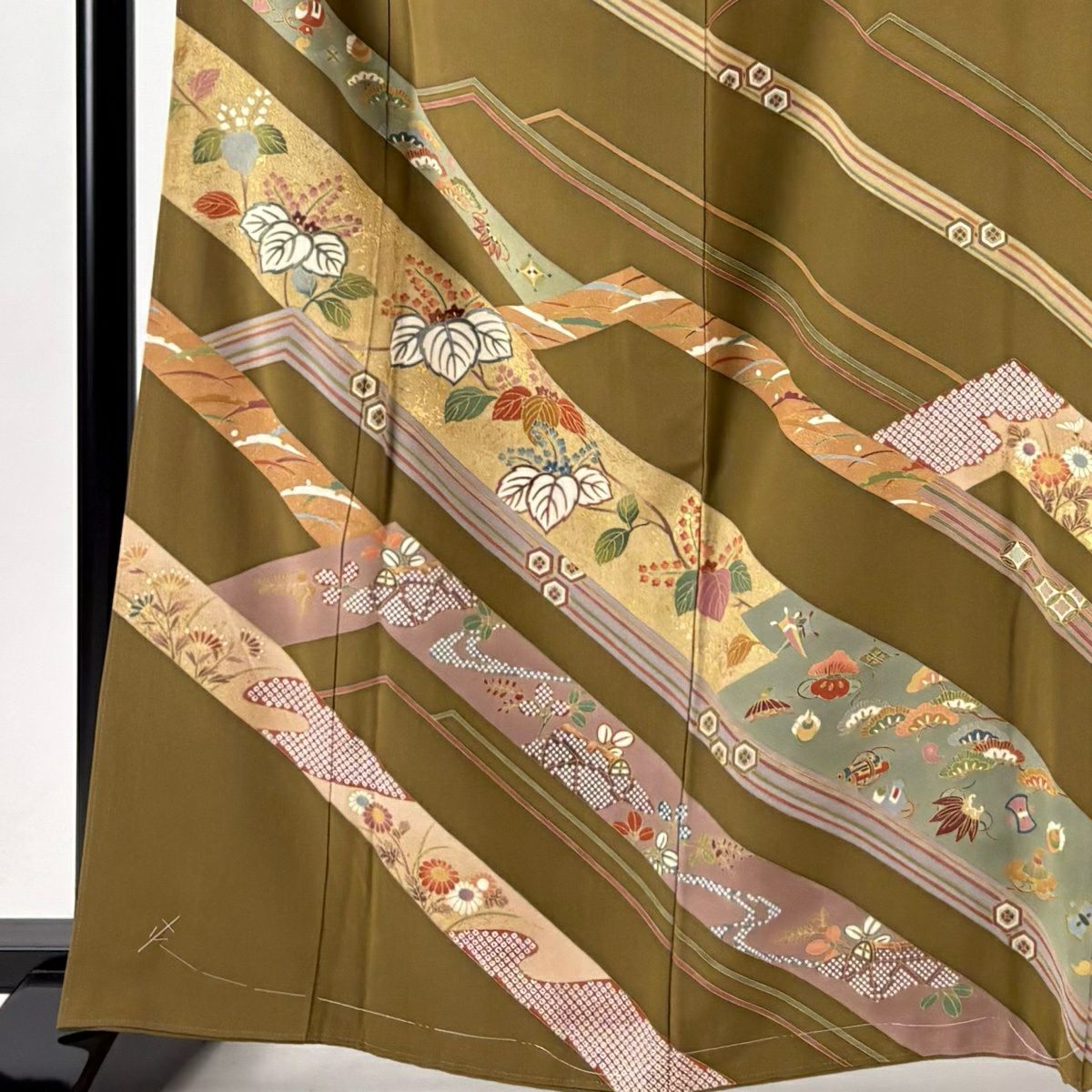 【美品】訪問服 身長164.5cm 袖長67.5cm L 雙層 桐 笠松樹 金銀彩 刺繡 鶯 純蠶絲 秀品級