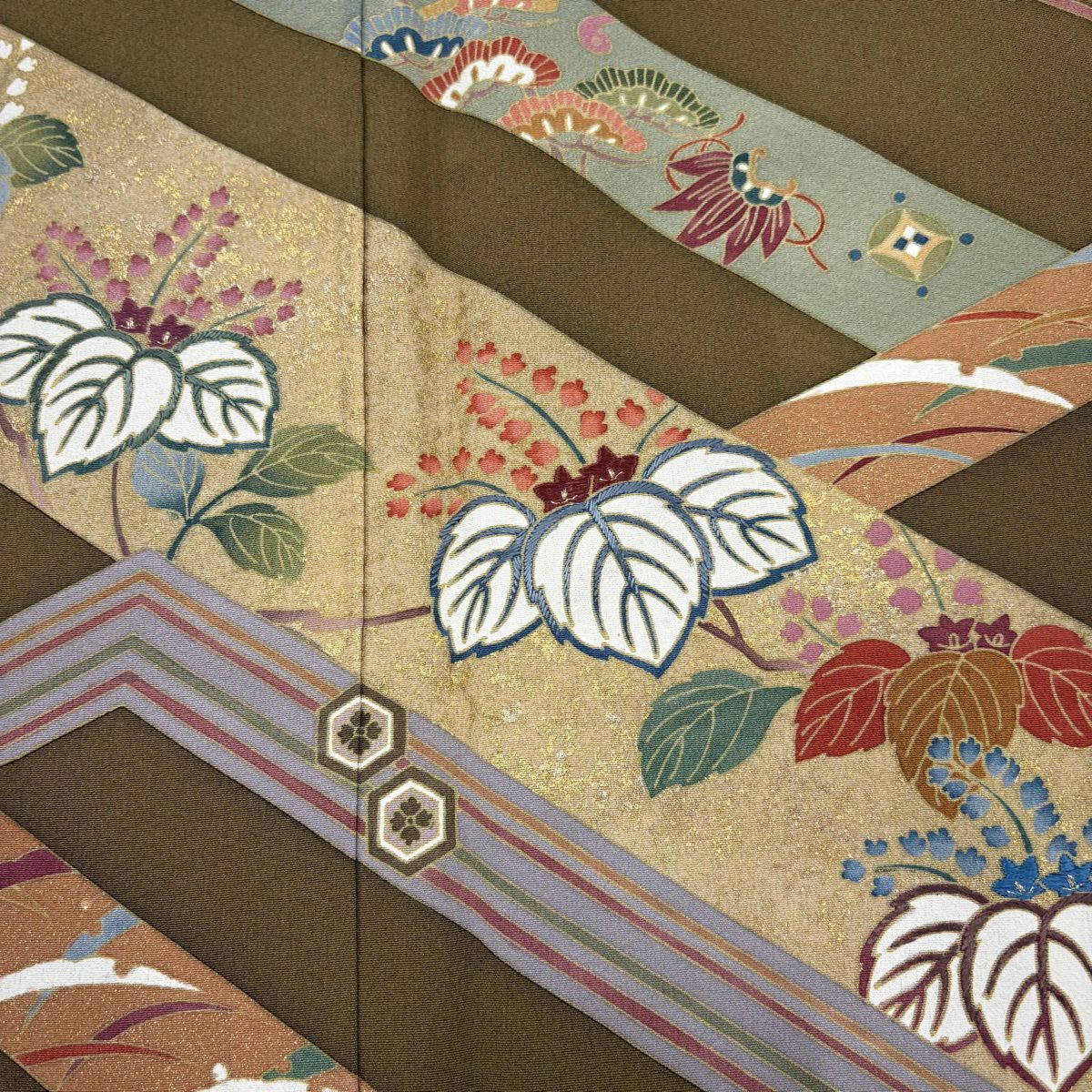 【美品】訪問服 身長164.5cm 袖長67.5cm L 雙層 桐 笠松樹 金銀彩 刺繡 鶯 純蠶絲 秀品級