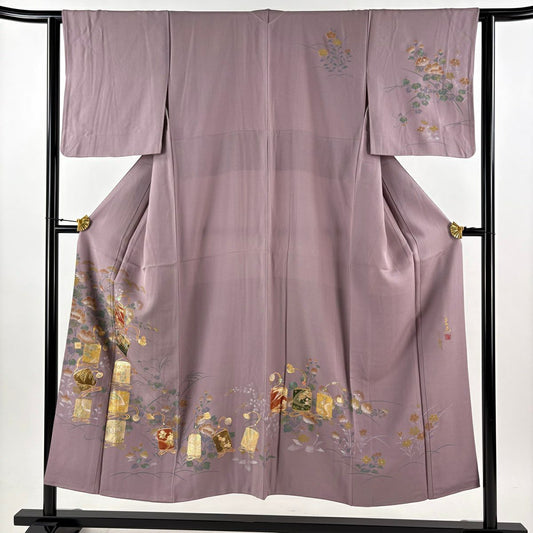 訪問服 身長150.5cm 袖長62cm S 雙層 落款あり 印籠 草花紋紋 螺鈿 金銀彩 灰紫 純蠶絲 秀品級