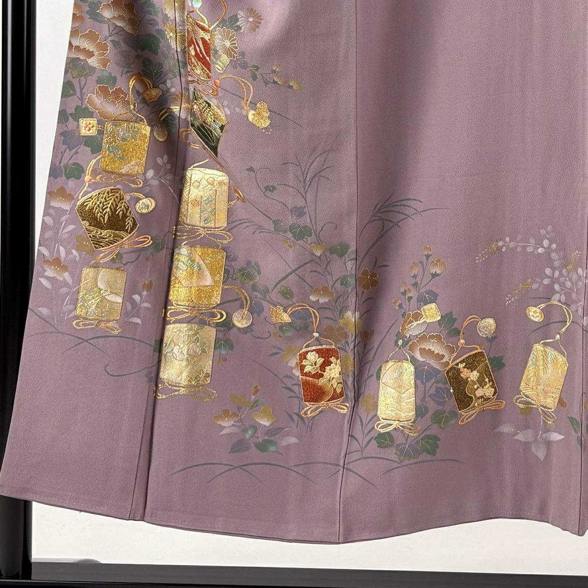 訪問服 身長150.5cm 袖長62cm S 雙層 落款あり 印籠 草花紋紋 螺鈿 金銀彩 灰紫 純蠶絲 秀品級