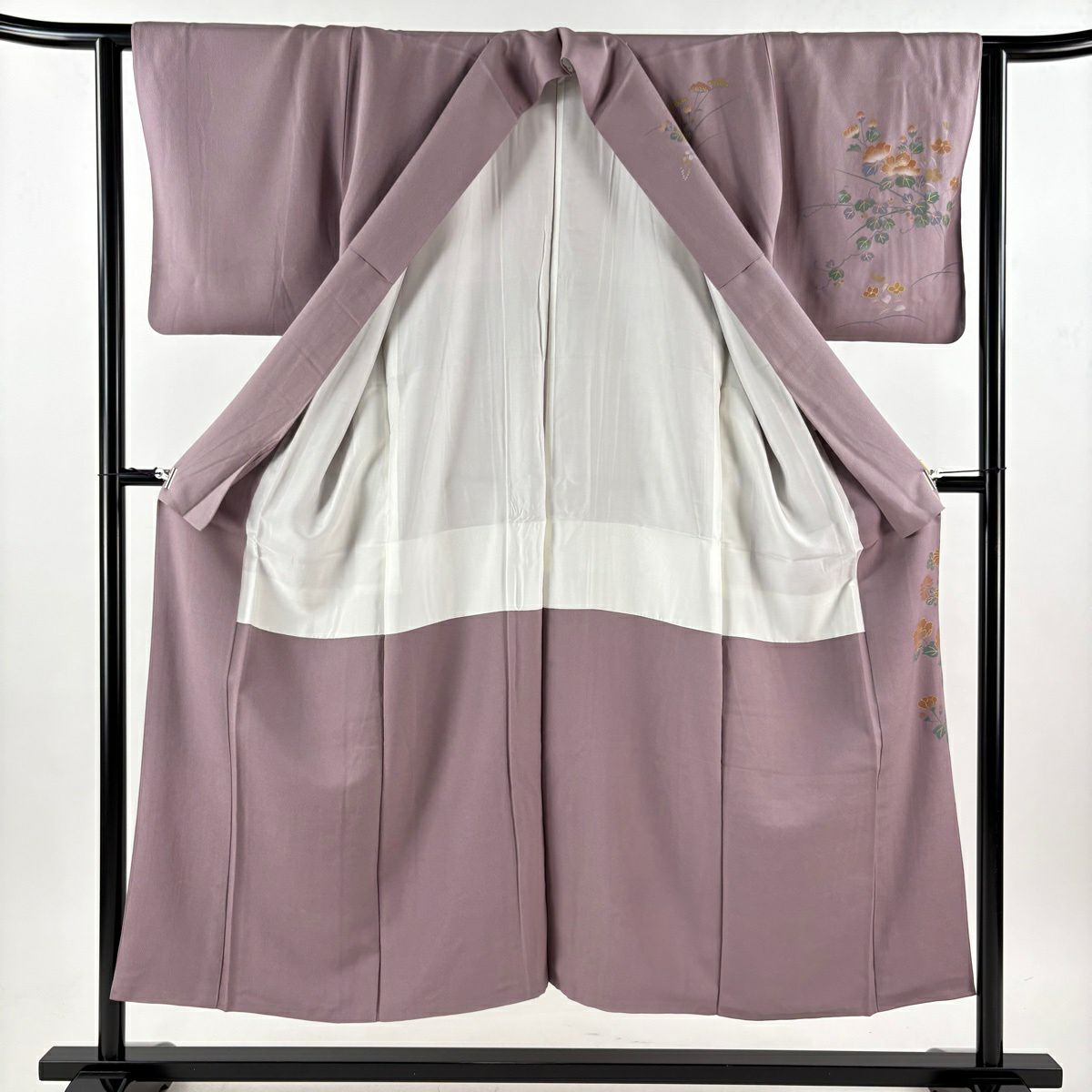 訪問服 身長150.5cm 袖長62cm S 雙層 落款あり 印籠 草花紋紋 螺鈿 金銀彩 灰紫 純蠶絲 秀品級