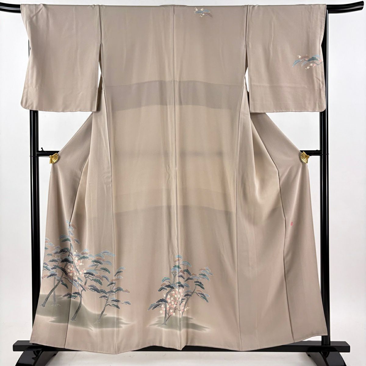 付下 身長158cm 袖長67.5cm L 雙層 落款有 松樹 梅花 漸層 灰茶 純蠶絲 優品級
