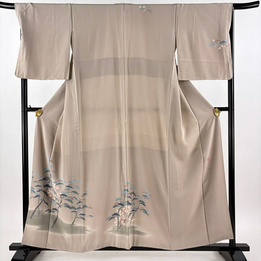 付下 身長158cm 袖長67.5cm L 雙層 落款有 松樹 梅花 漸層 灰茶 純蠶絲 優品級