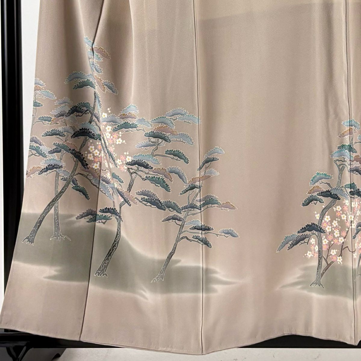 付下 身長158cm 袖長67.5cm L 雙層 落款有 松樹 梅花 漸層 灰茶 純蠶絲 優品級