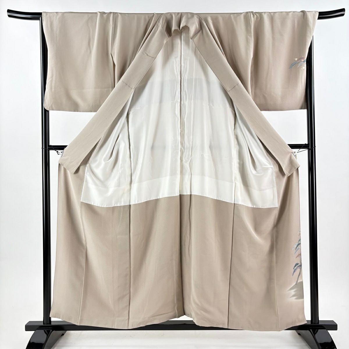 付下 身長158cm 袖長67.5cm L 雙層 落款有 松樹 梅花 漸層 灰茶 純蠶絲 優品級