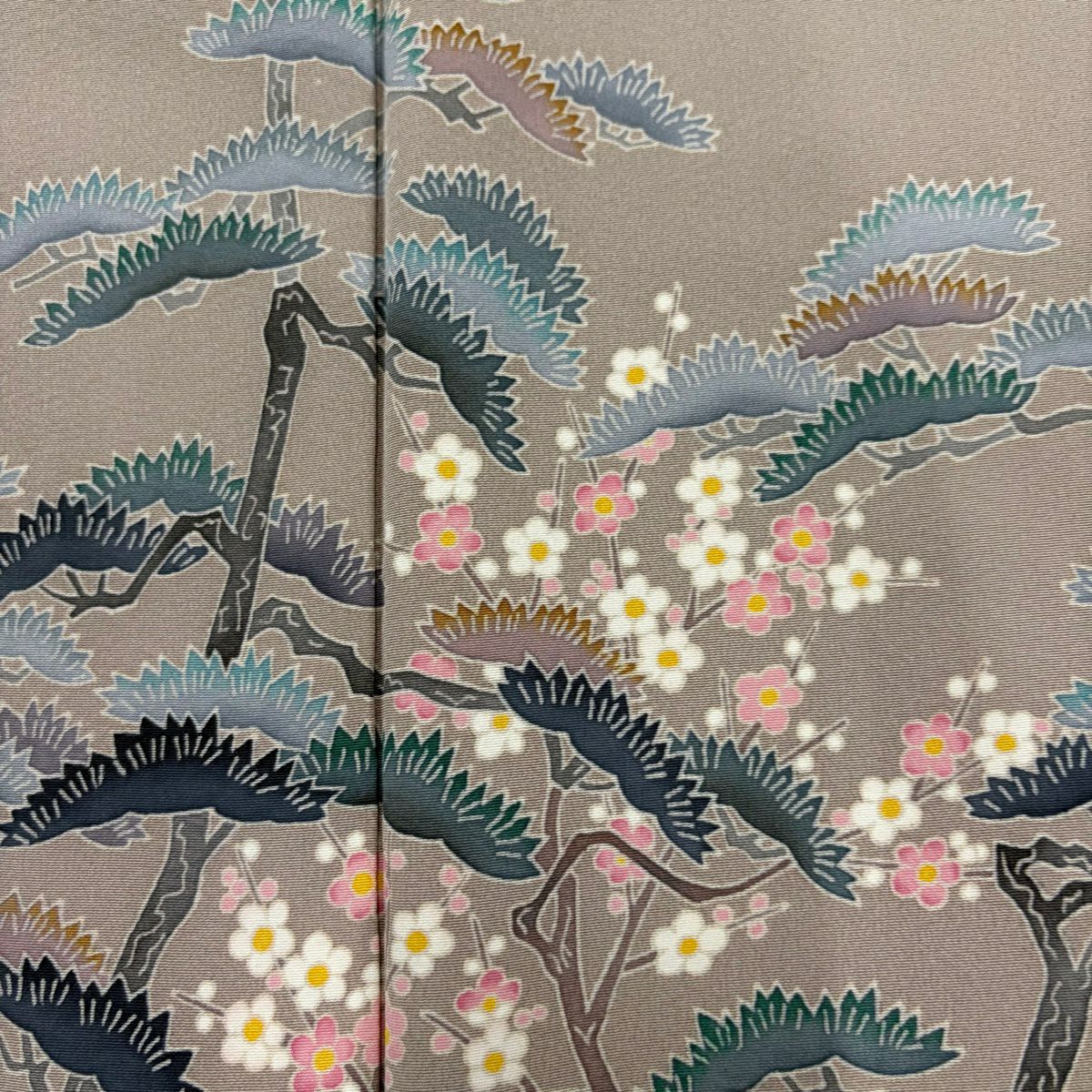 付下 身長158cm 袖長67.5cm L 雙層 落款有 松樹 梅花 漸層 灰茶 純蠶絲 優品級