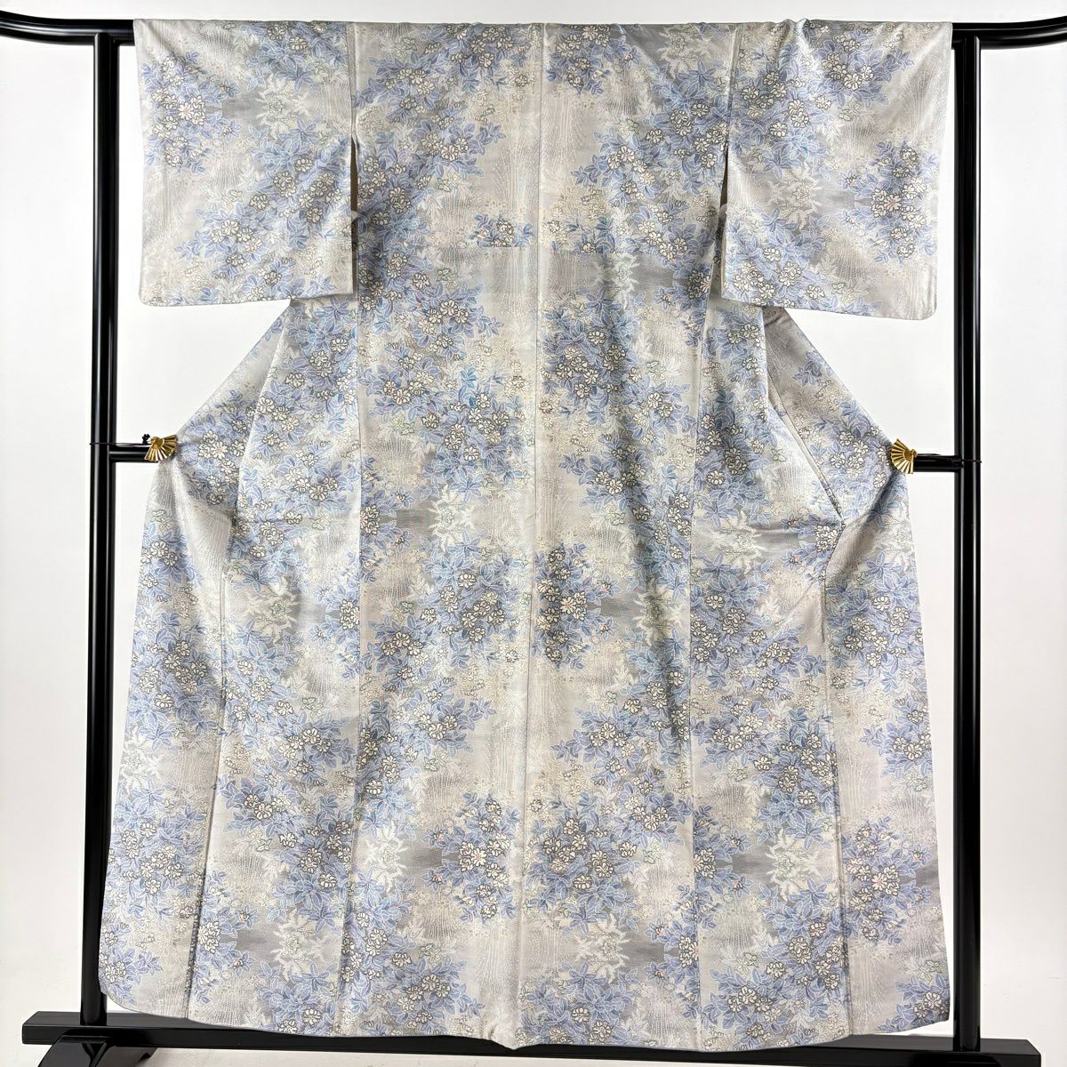 【美品】 紬織 身長158.5cm 袖長62.5cm S 雙層 草花紋 灰 純蠶絲 秀品級