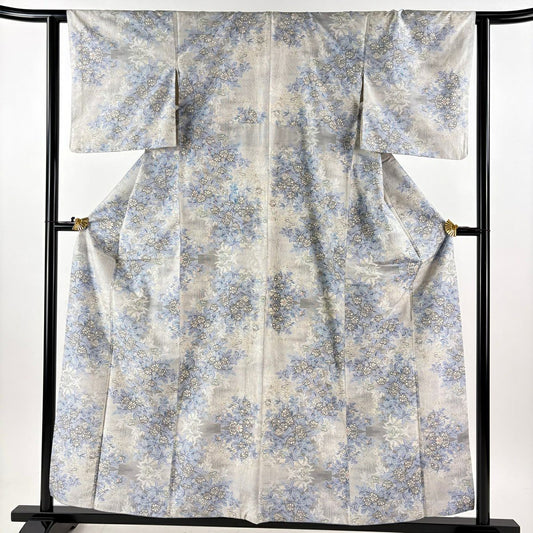 【美品】 紬織 身長158.5cm 袖長62.5cm S 雙層 草花紋 灰 純蠶絲 秀品級