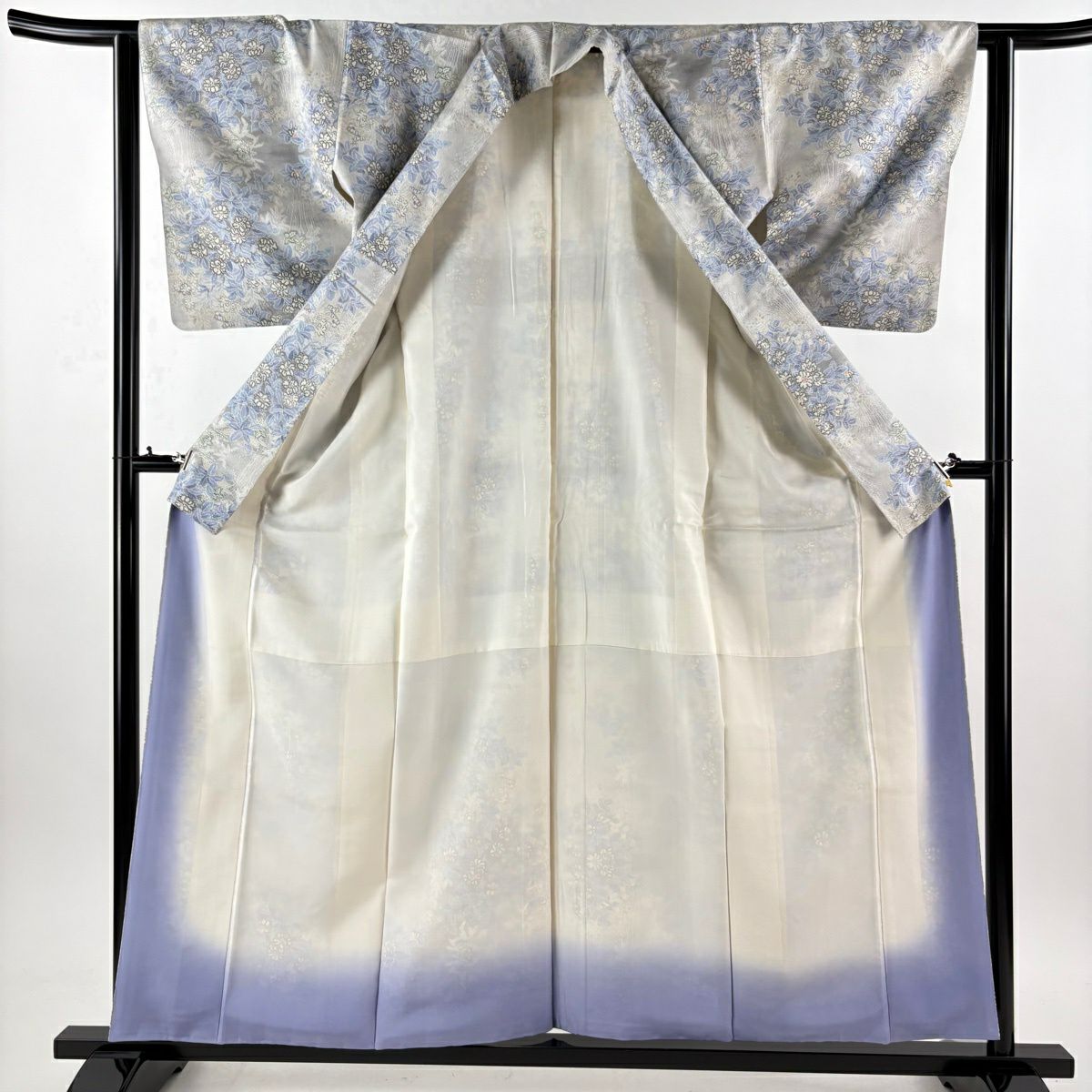 【美品】 紬織 身長158.5cm 袖長62.5cm S 雙層 草花紋 灰 純蠶絲 秀品級