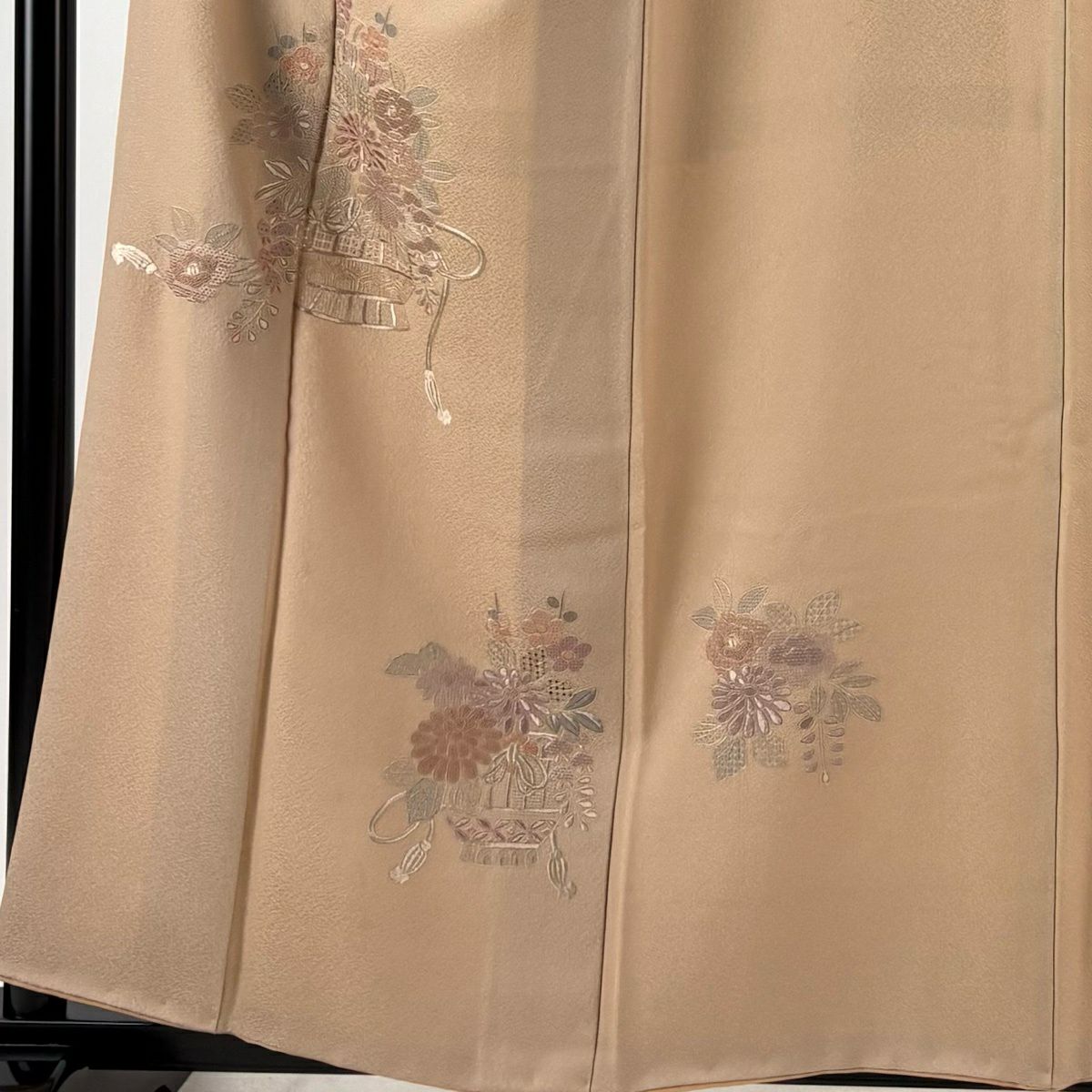 付下 身長158.5cm 袖長63cm S 雙層 花籠 刺繡 米色 純蠶絲 優品級