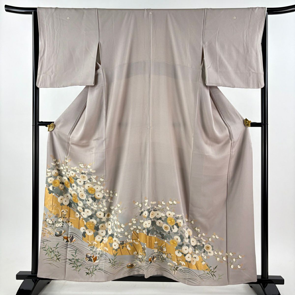 色留袖禮服 身長158.5cm 袖長65.5cm M 雙層 鴛鴦 菊花 金絲 金銀彩 灰 純蠶絲 秀品級 三つ紋