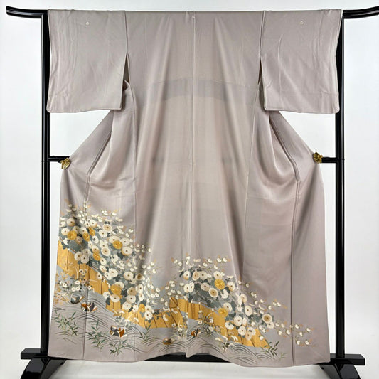 色留袖禮服 身長158.5cm 袖長65.5cm M 雙層 鴛鴦 菊花 金絲 金銀彩 灰 純蠶絲 秀品級 三つ紋