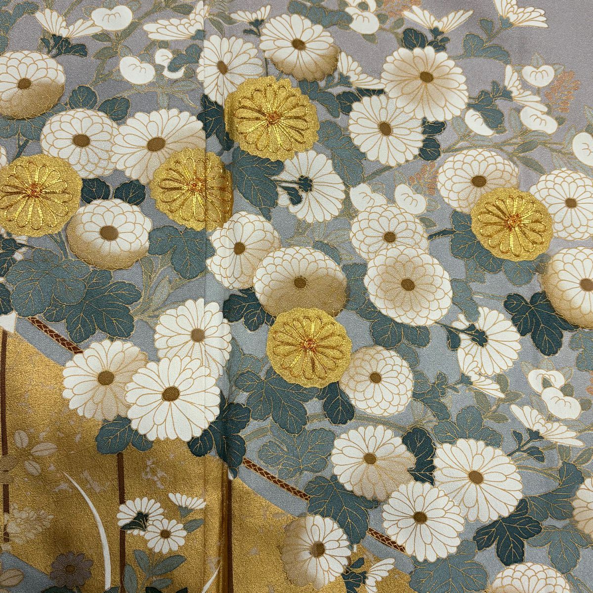 色留袖禮服 身長158.5cm 袖長65.5cm M 雙層 鴛鴦 菊花 金絲 金銀彩 灰 純蠶絲 秀品級 三つ紋