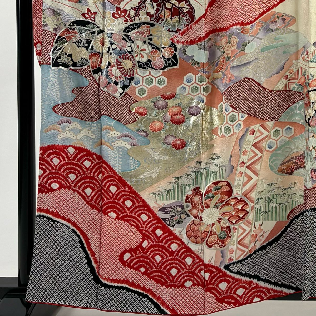 振袖禮服 身長161cm 袖長68cm L 雙層 桐 松樹竹子梅花 金銀彩 絞染 奶油色 純蠶絲 優品級