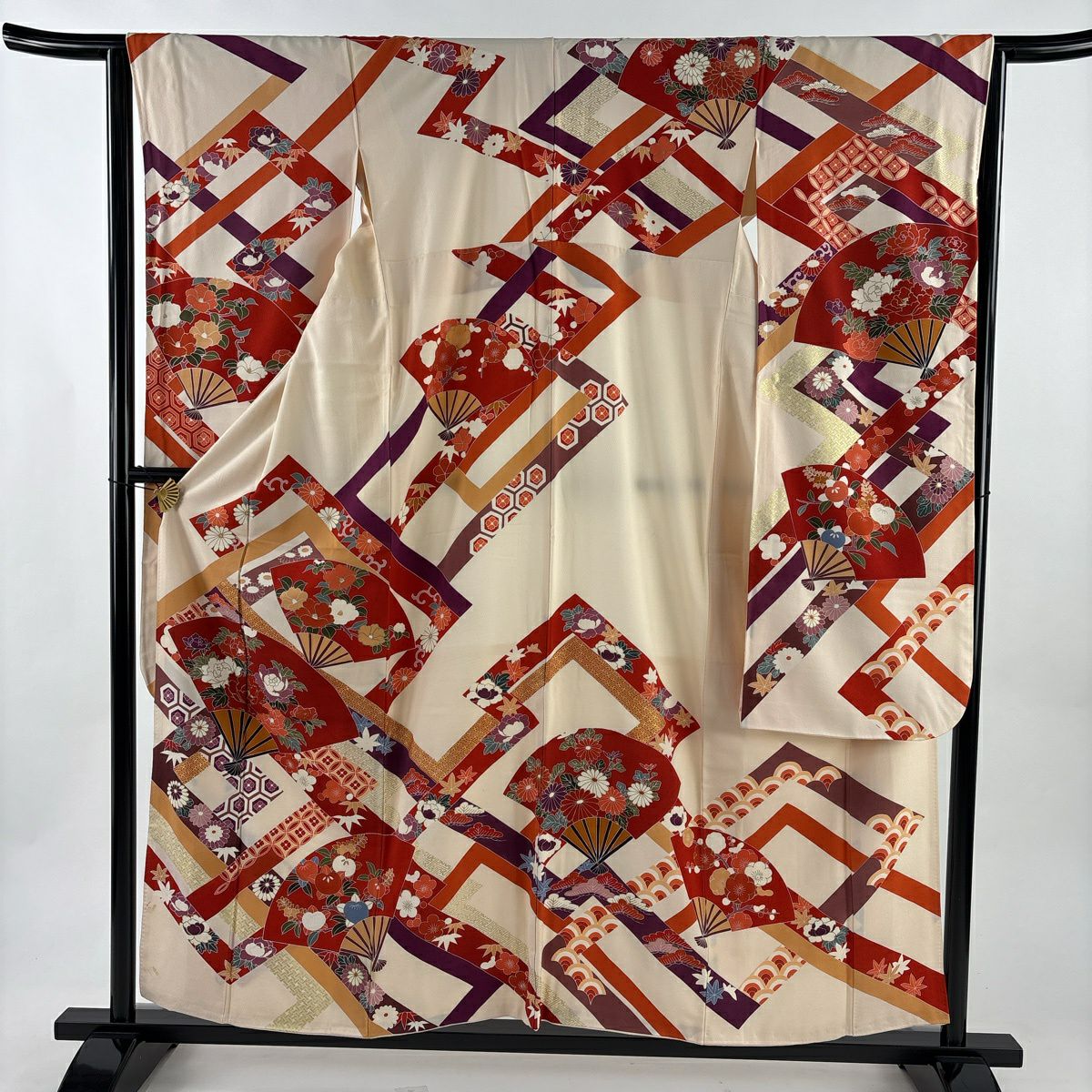 振袖禮服 身長155.5cm 袖長63.5cm S 雙層 扇子 松樹竹子梅花 金絲 金銀彩 奶油色 純蠶絲 優品級