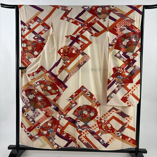 振袖禮服 身長155.5cm 袖長63.5cm S 雙層 扇子 松樹竹子梅花 金絲 金銀彩 奶油色 純蠶絲 優品級