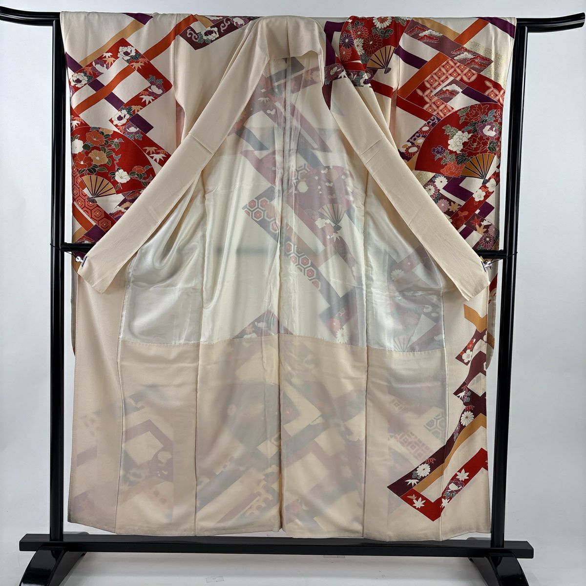 振袖禮服 身長155.5cm 袖長63.5cm S 雙層 扇子 松樹竹子梅花 金絲 金銀彩 奶油色 純蠶絲 優品級