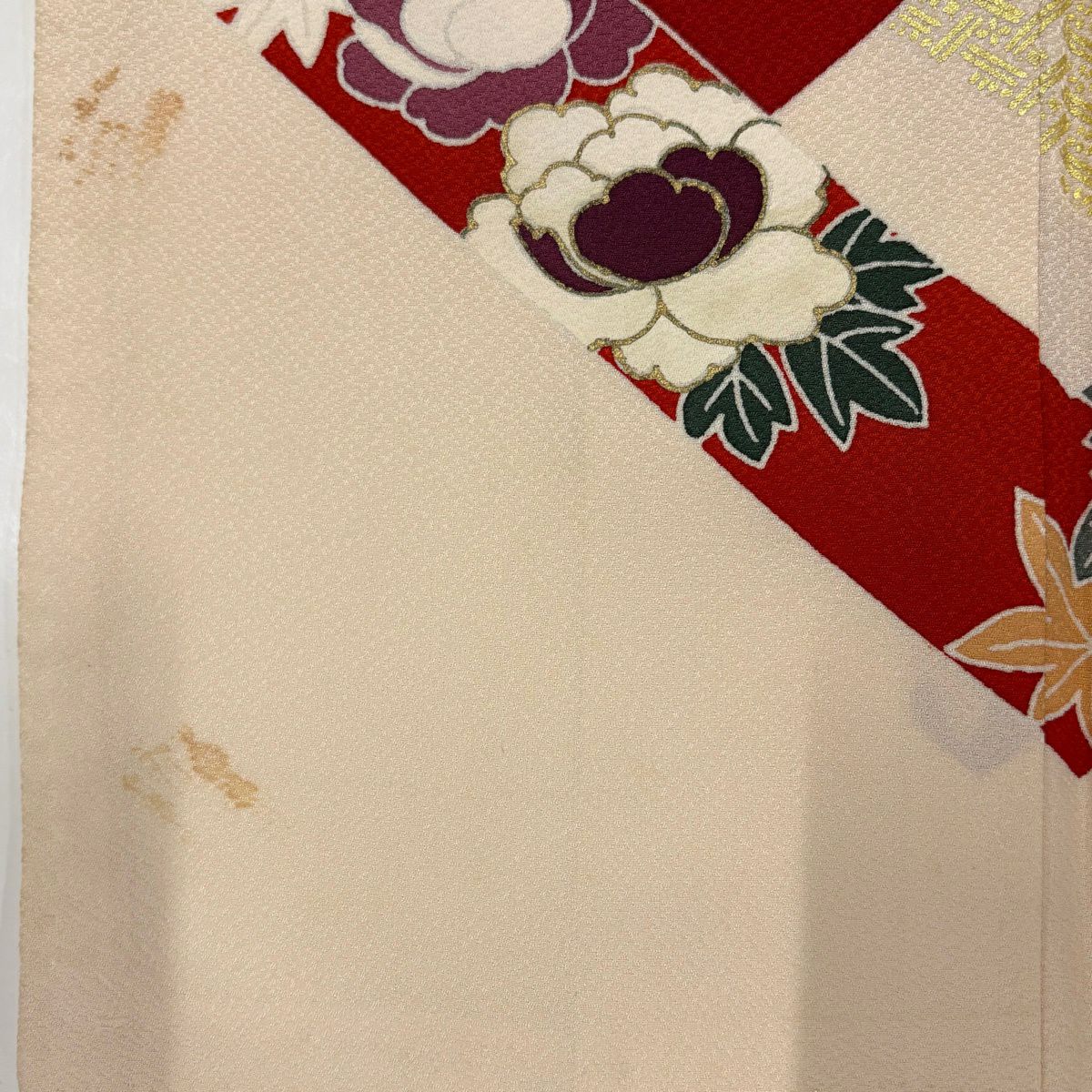 振袖禮服 身長155.5cm 袖長63.5cm S 雙層 扇子 松樹竹子梅花 金絲 金銀彩 奶油色 純蠶絲 優品級