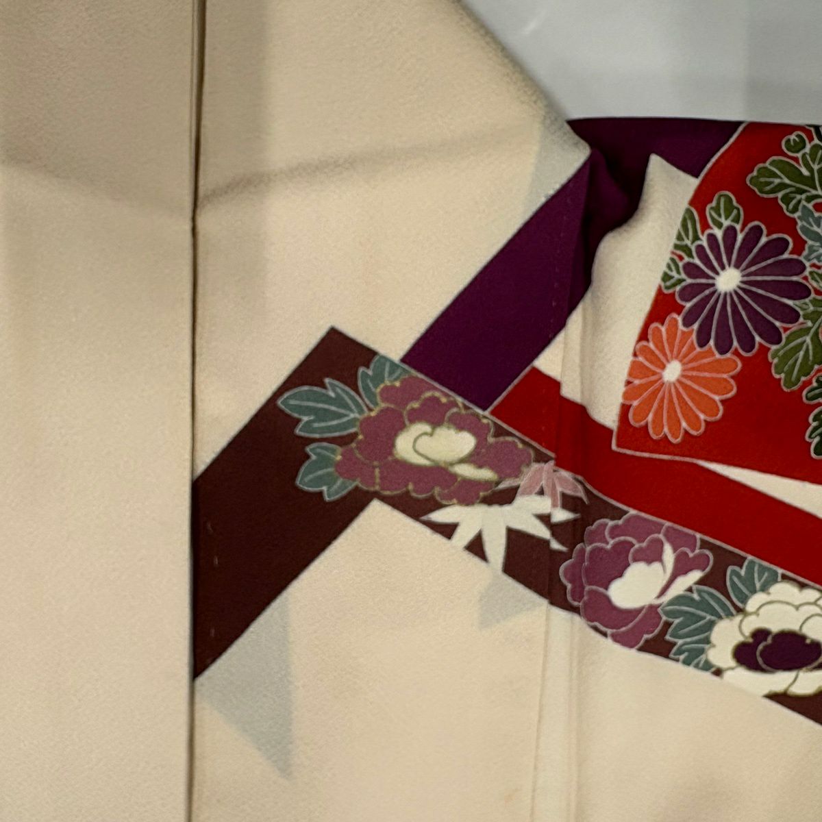 振袖禮服 身長155.5cm 袖長63.5cm S 雙層 扇子 松樹竹子梅花 金絲 金銀彩 奶油色 純蠶絲 優品級