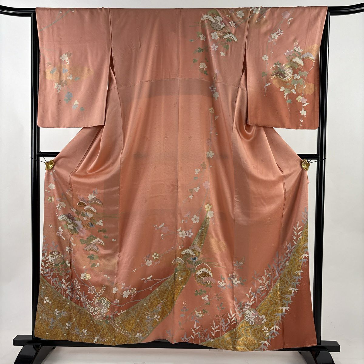 【美品】訪問服 身長159.5cm 袖長66cm M 雙層 松樹梅花 雪輪 金絲 金銀彩 粉紅 純蠶絲 秀品級
