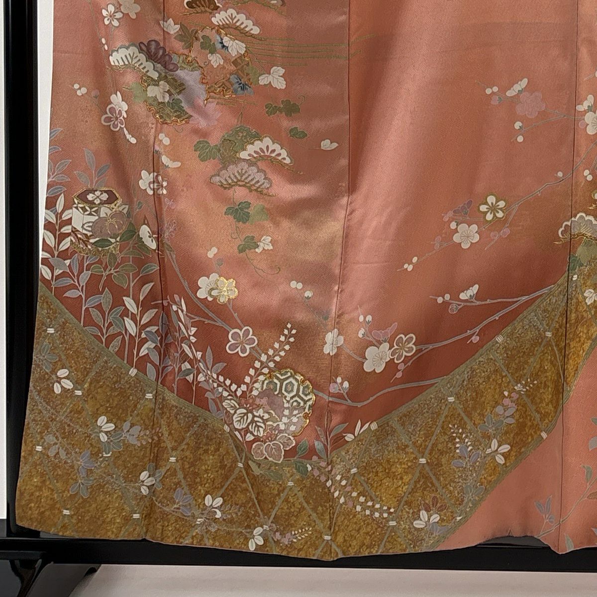 【美品】訪問服 身長159.5cm 袖長66cm M 雙層 松樹梅花 雪輪 金絲 金銀彩 粉紅 純蠶絲 秀品級