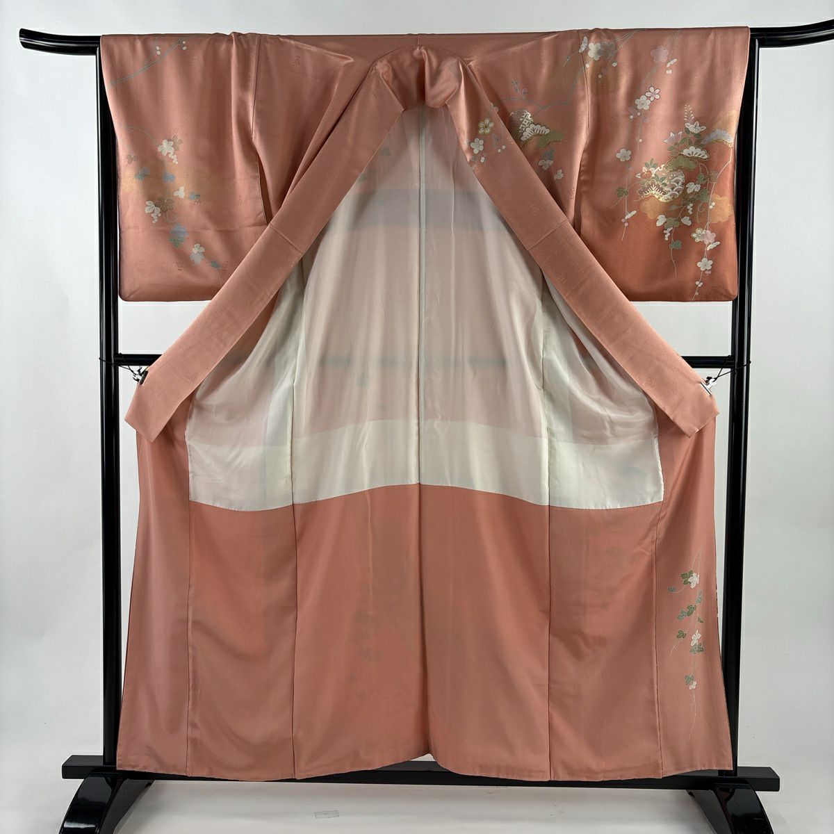 【美品】訪問服 身長159.5cm 袖長66cm M 雙層 松樹梅花 雪輪 金絲 金銀彩 粉紅 純蠶絲 秀品級