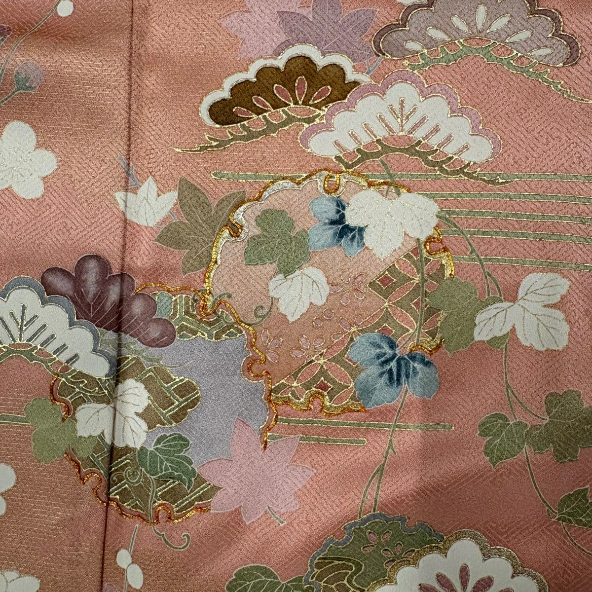 【美品】訪問服 身長159.5cm 袖長66cm M 雙層 松樹梅花 雪輪 金絲 金銀彩 粉紅 純蠶絲 秀品級