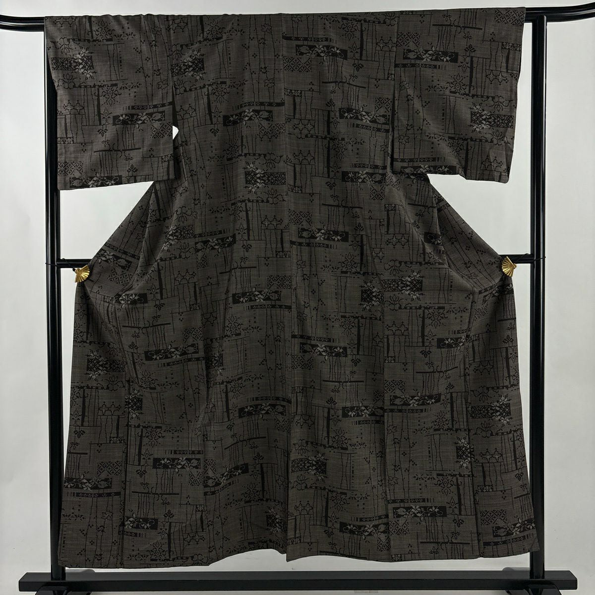 【美品】 紬織織 身長154.5cm 袖長63.5cm S 雙層 草花紋紋 幾何學 黑灰 純蠶絲 秀品級