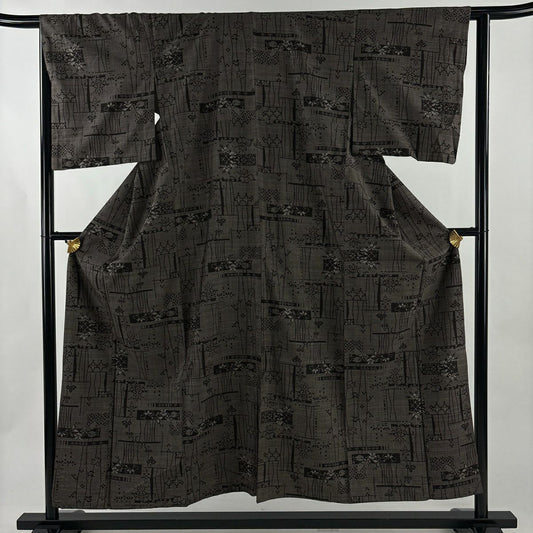 【美品】 紬織織 身長154.5cm 袖長63.5cm S 雙層 草花紋紋 幾何學 黑灰 純蠶絲 秀品級