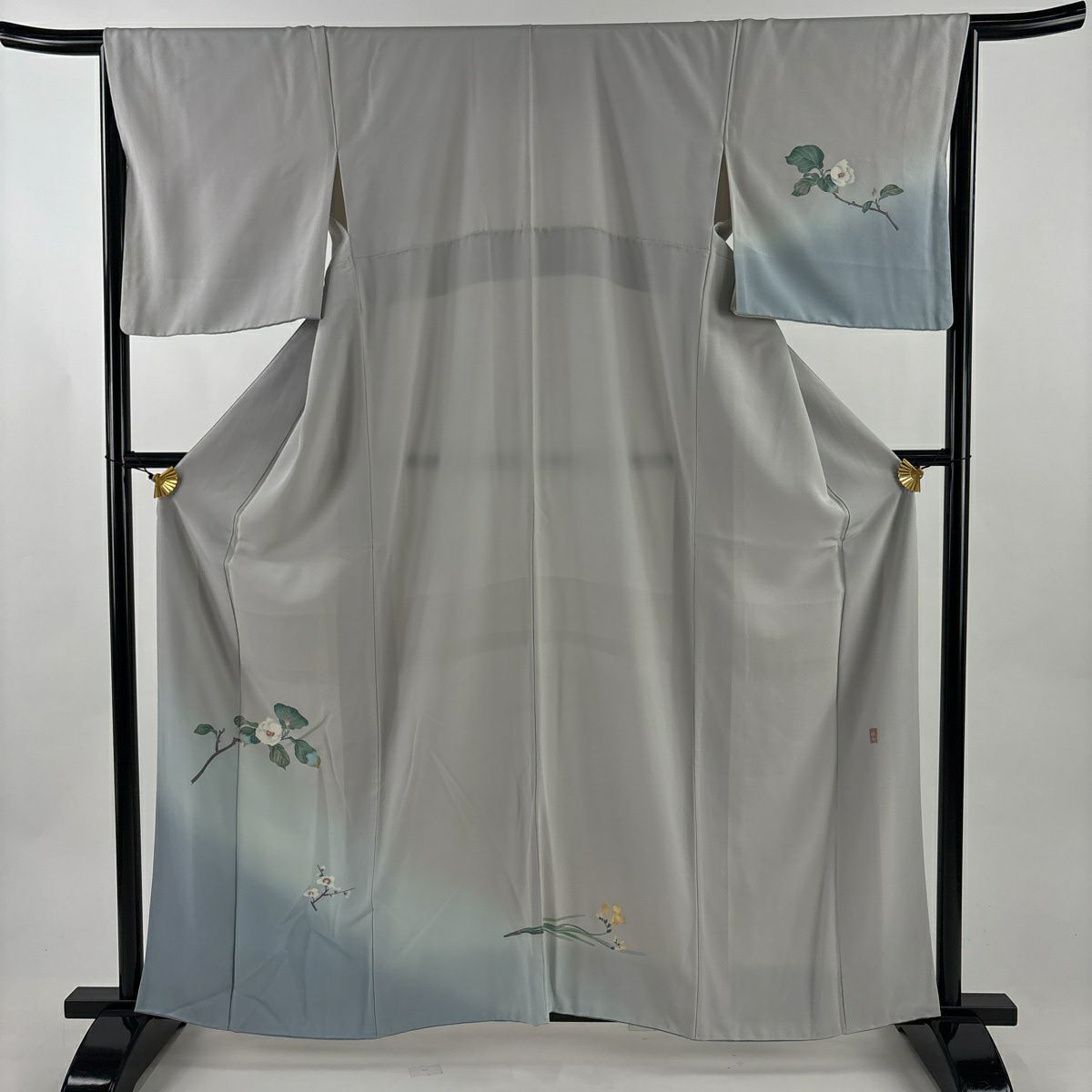 付下 身長159.5cm 袖長66.5cm M 雙層 落款有 枝花 染分 漸層 灰色 純蠶絲 優品級