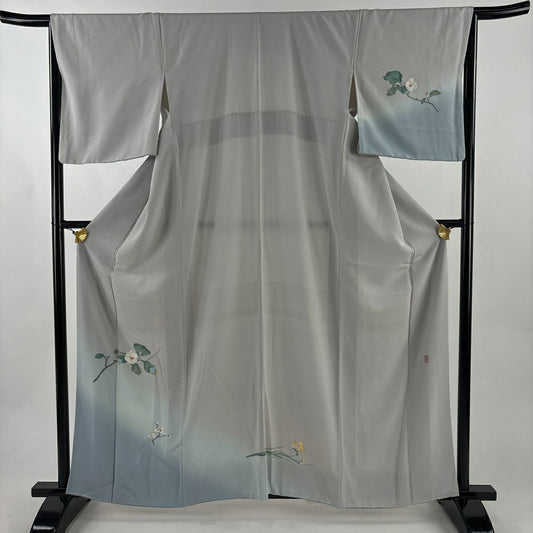 付下 身長159.5cm 袖長66.5cm M 雙層 落款有 枝花 染分 漸層 灰色 純蠶絲 優品級