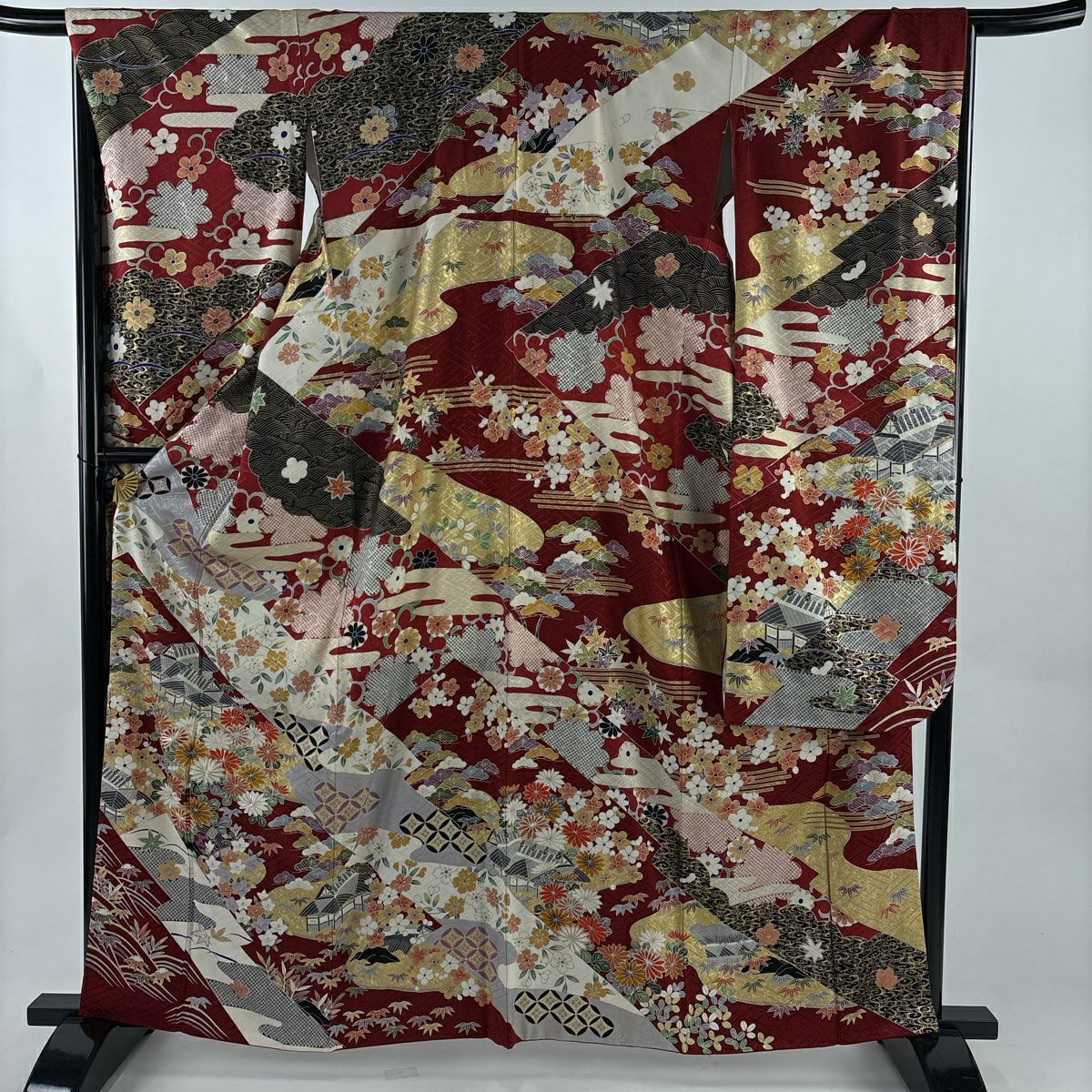 振袖禮服 身長161cm 袖長68.5cm L 雙層 建物 菊花 金銀彩 紅 純蠶絲 秀品級