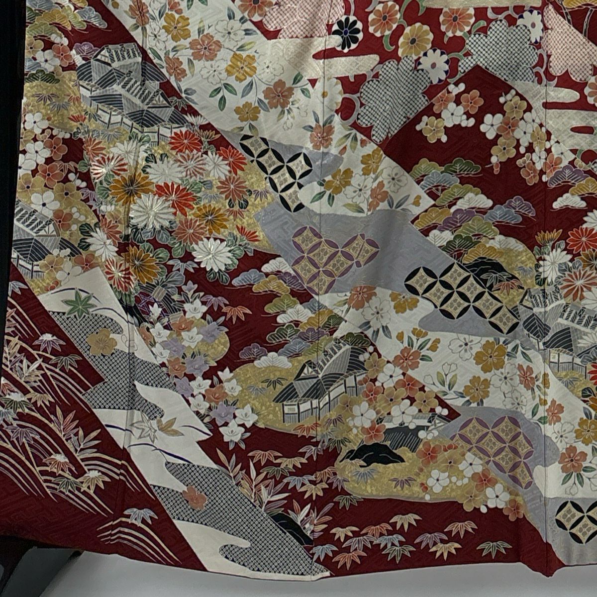 振袖禮服 身長161cm 袖長68.5cm L 雙層 建物 菊花 金銀彩 紅 純蠶絲 秀品級