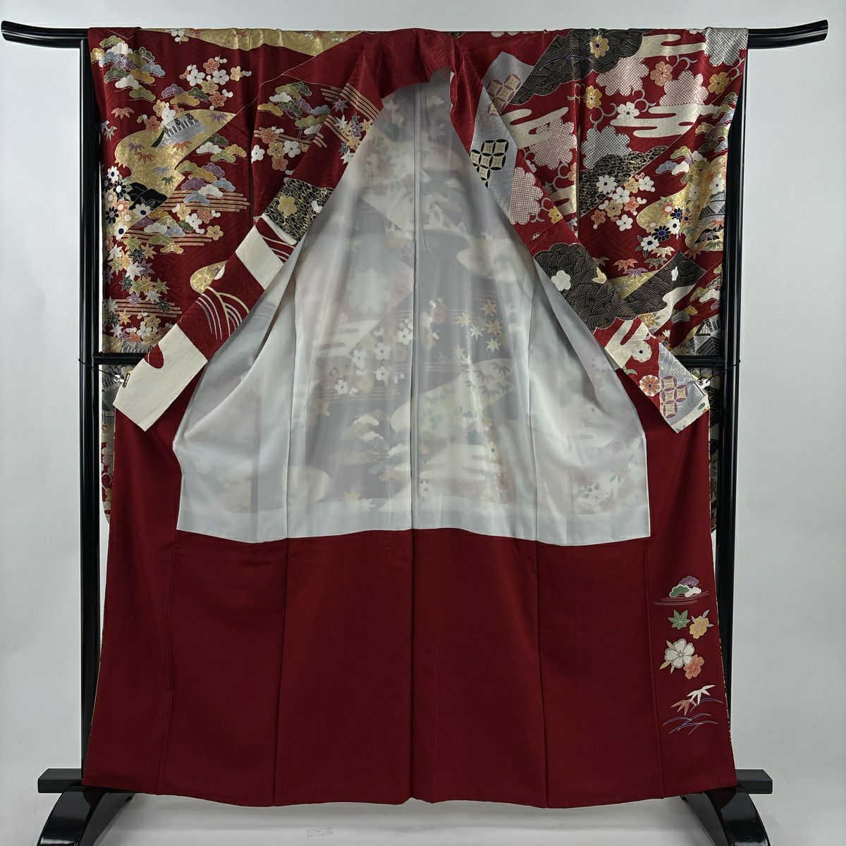 振袖禮服 身長161cm 袖長68.5cm L 雙層 建物 菊花 金銀彩 紅 純蠶絲 秀品級