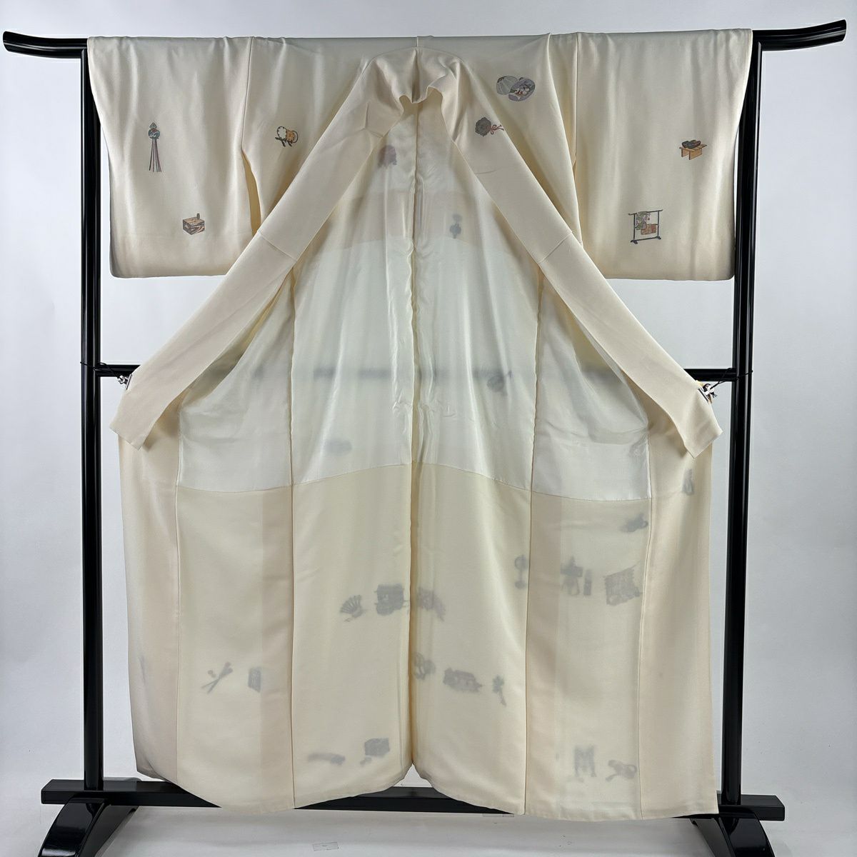 付下 身長159cm 袖長66.5cm M 雙層 壽光織 有落款 幾帳 折雛 金絲 奶油色 純蠶絲 優品級