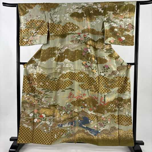 訪問服 身長160.5cm 袖長64.5cm M 雙層 花鳥 雲文 灰綠 純蠶絲 秀品級