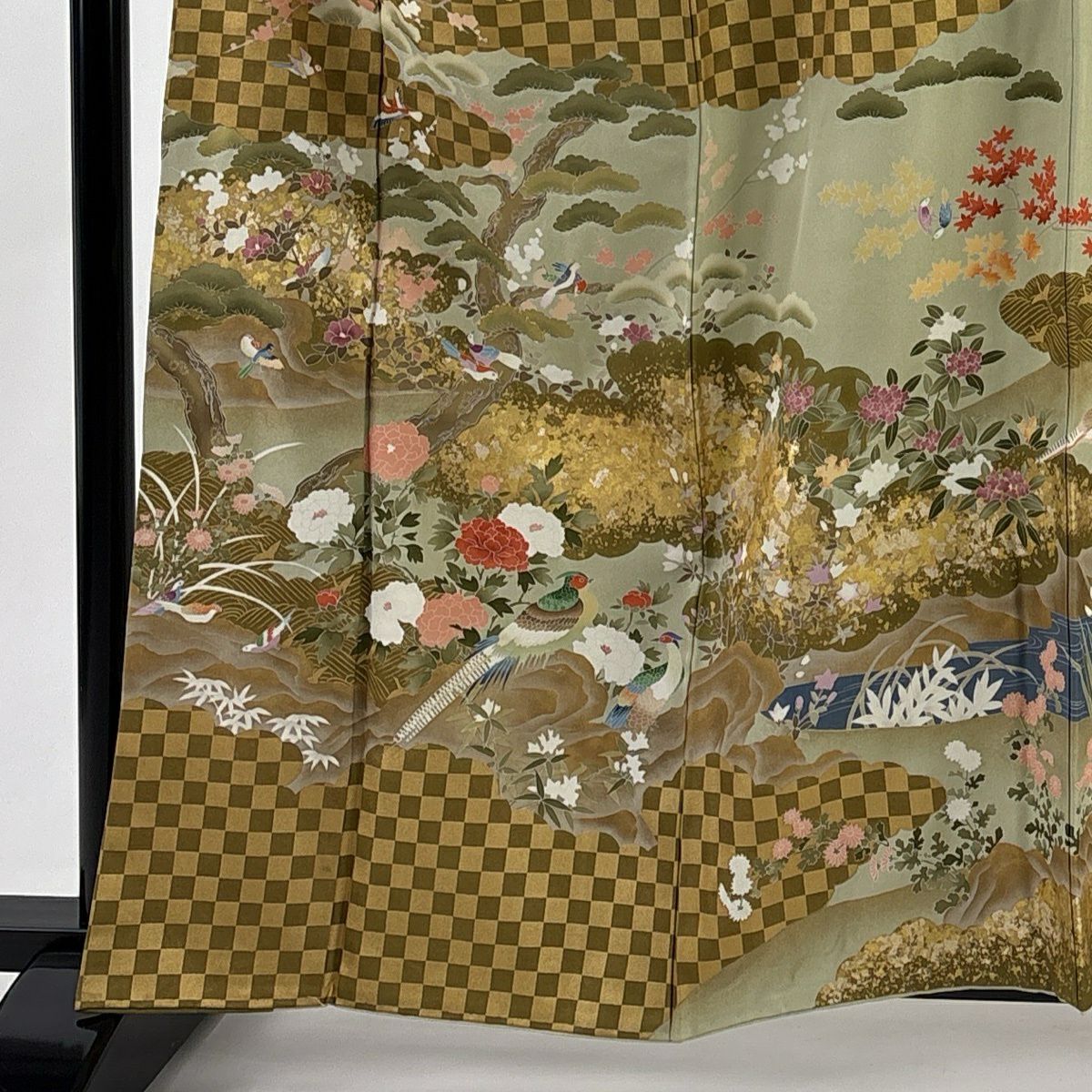 訪問服 身長160.5cm 袖長64.5cm M 雙層 花鳥 雲文 灰綠 純蠶絲 秀品級