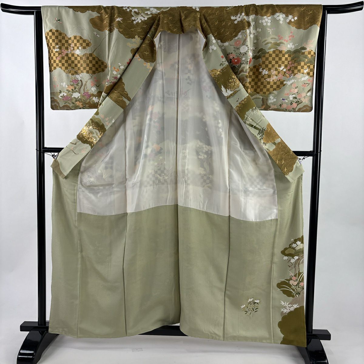 訪問服 身長160.5cm 袖長64.5cm M 雙層 花鳥 雲文 灰綠 純蠶絲 秀品級